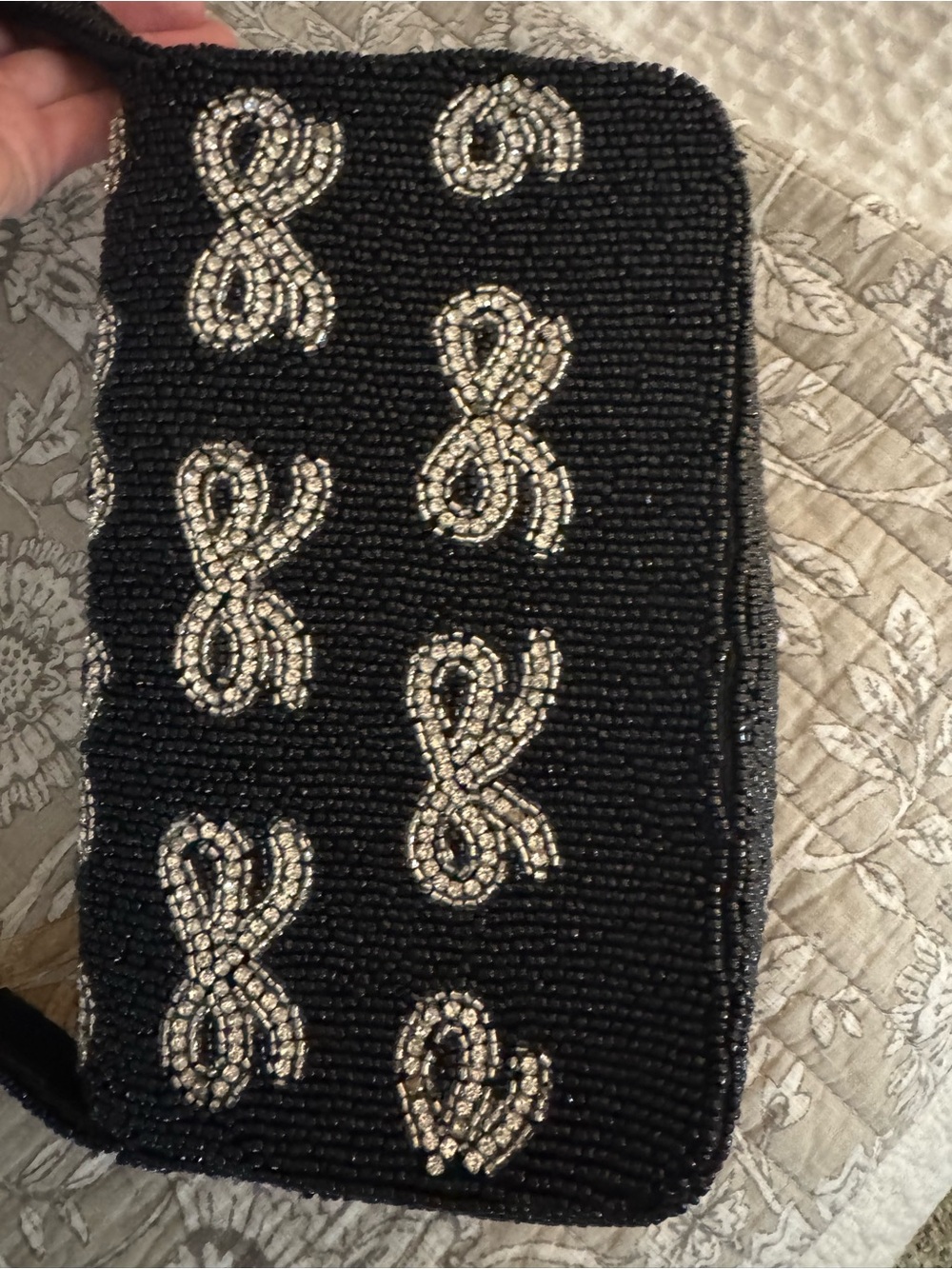 Beaded Black Evening Shoulder Bag with Silver Bow Accents - Picture 7 of 10